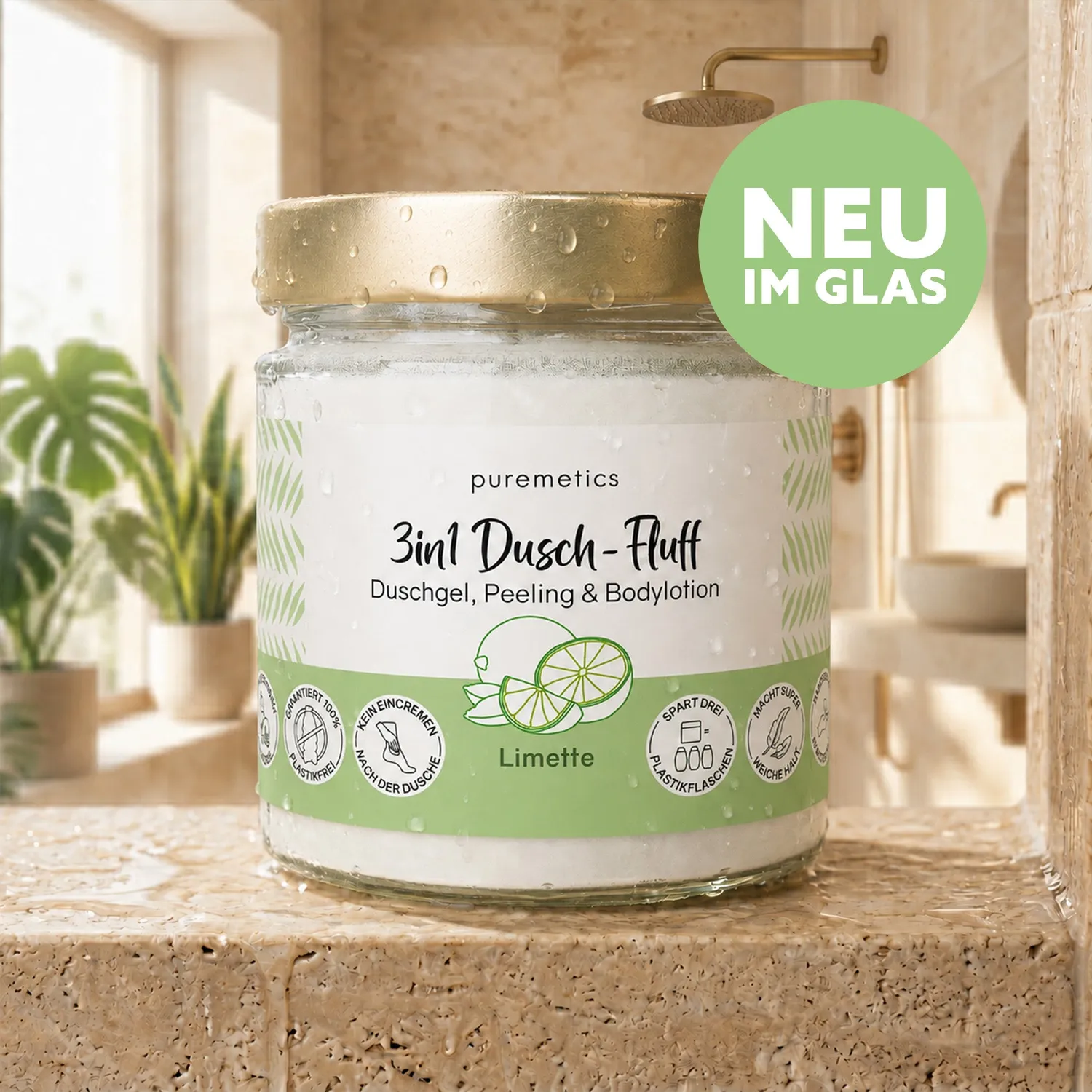 puremetics Dusch-Fluff brusefluff mandelmælk glas 1 stk