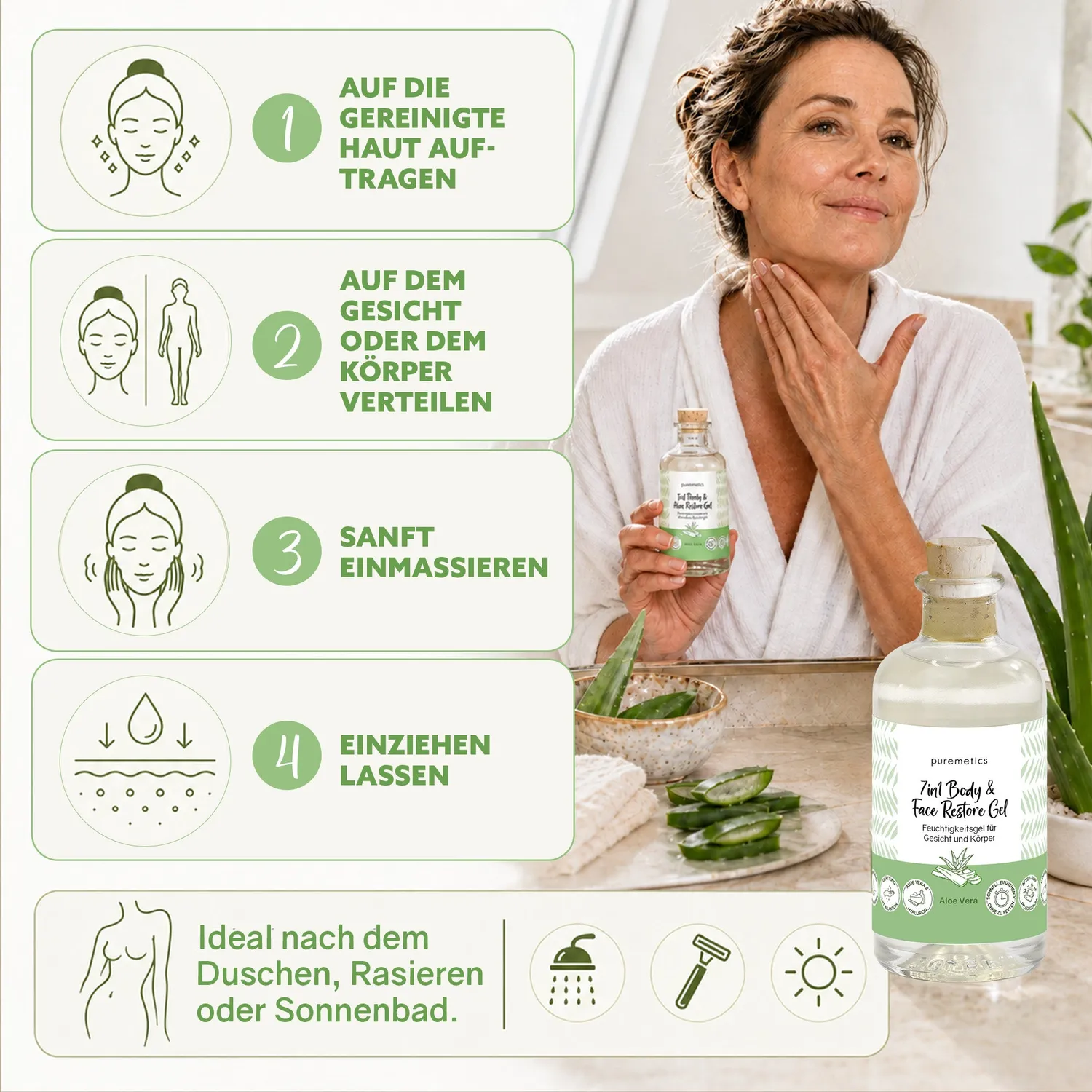 puremetics 7in1 Restore Gel Aloe Vera ansigtsgel 1 flaske let
