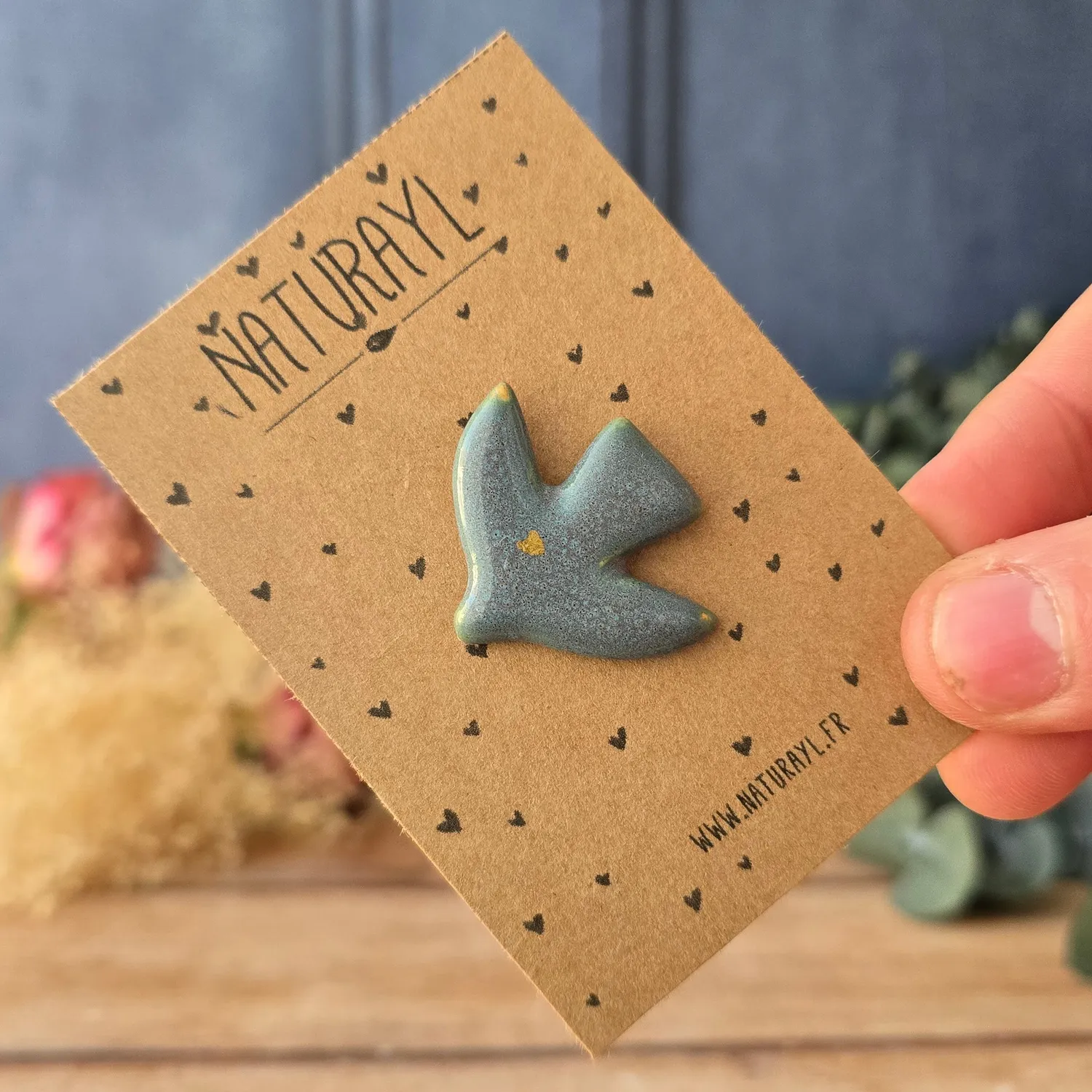 Naturayl Coeur Ailé pins grå bilpynt keramik
