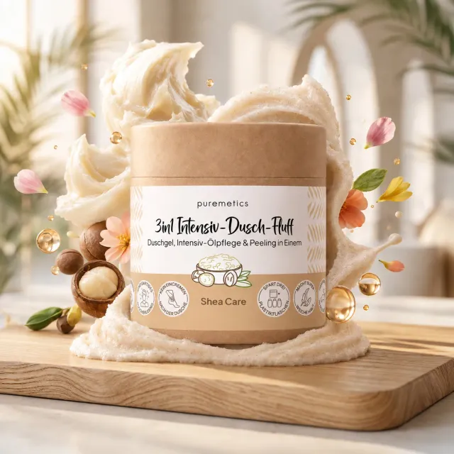 puremetics 3in1 Dusch-Fluff Shea Care brusefluff shea