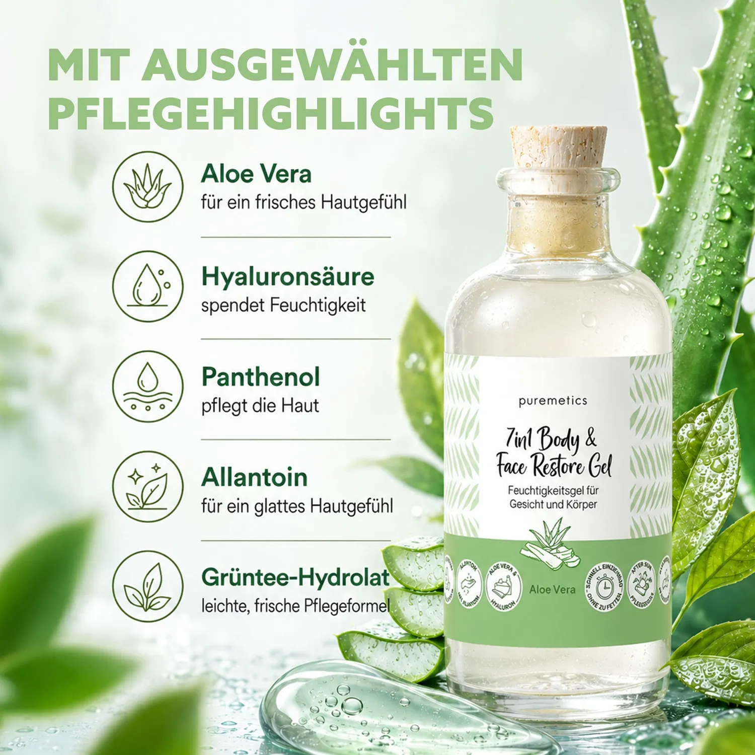 puremetics 7in1 Restore Gel Aloe Vera ansigtsgel 1 flaske let