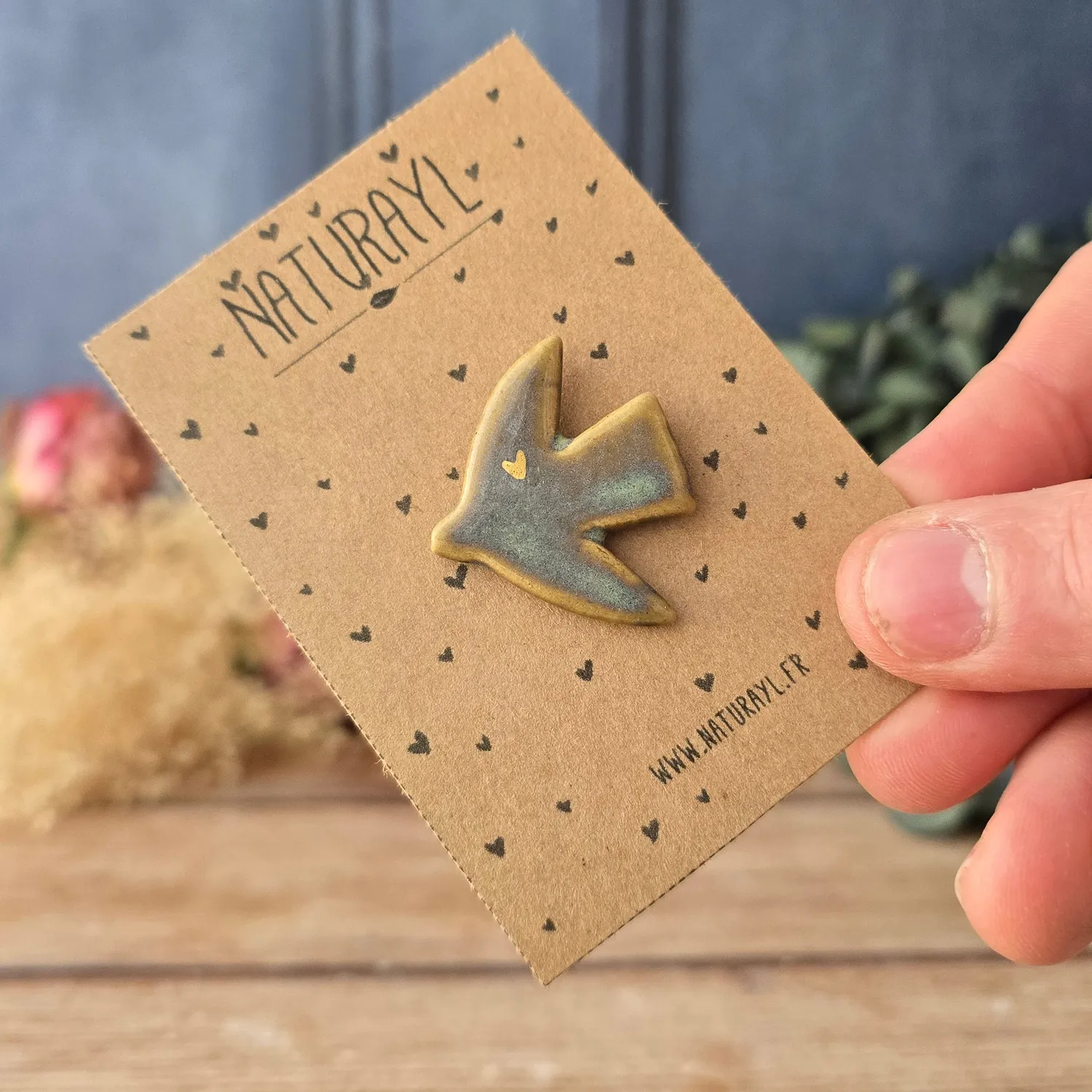 Naturayl Coeur Ailé pins grå bilpynt keramik