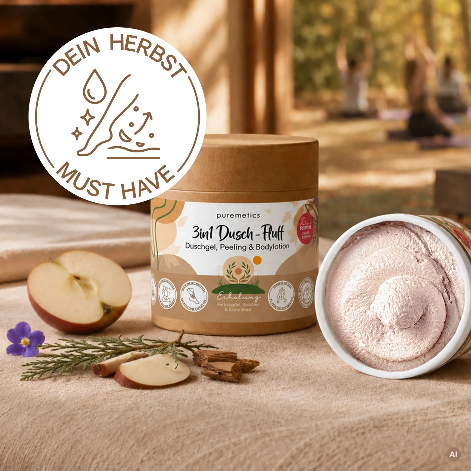 puremetics 3in1 Dusch-Fluff Einklang Herbstapfel Veilchen Zedernholz scrub 1 stk