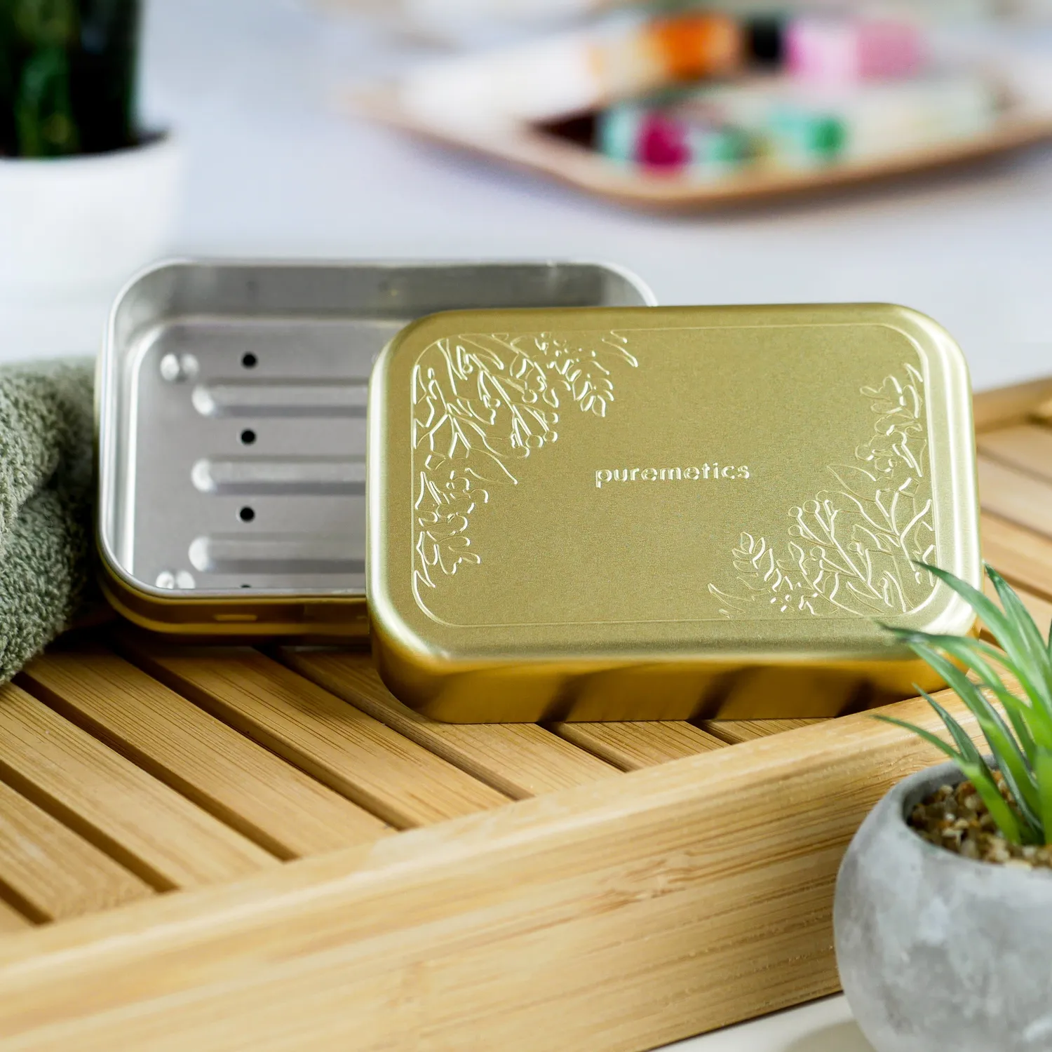puremetics Seifenbox Matt-Gold Floral sæbeæske aluminium