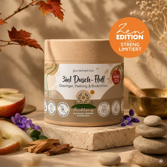 puremetics 3in1 Dusch-Fluff Einklang Herbstapfel Veilchen Zedernholz scrub 1 stk