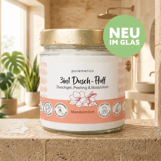 puremetics 3in1 Mandelmilch brusefluff i glas mandelduft