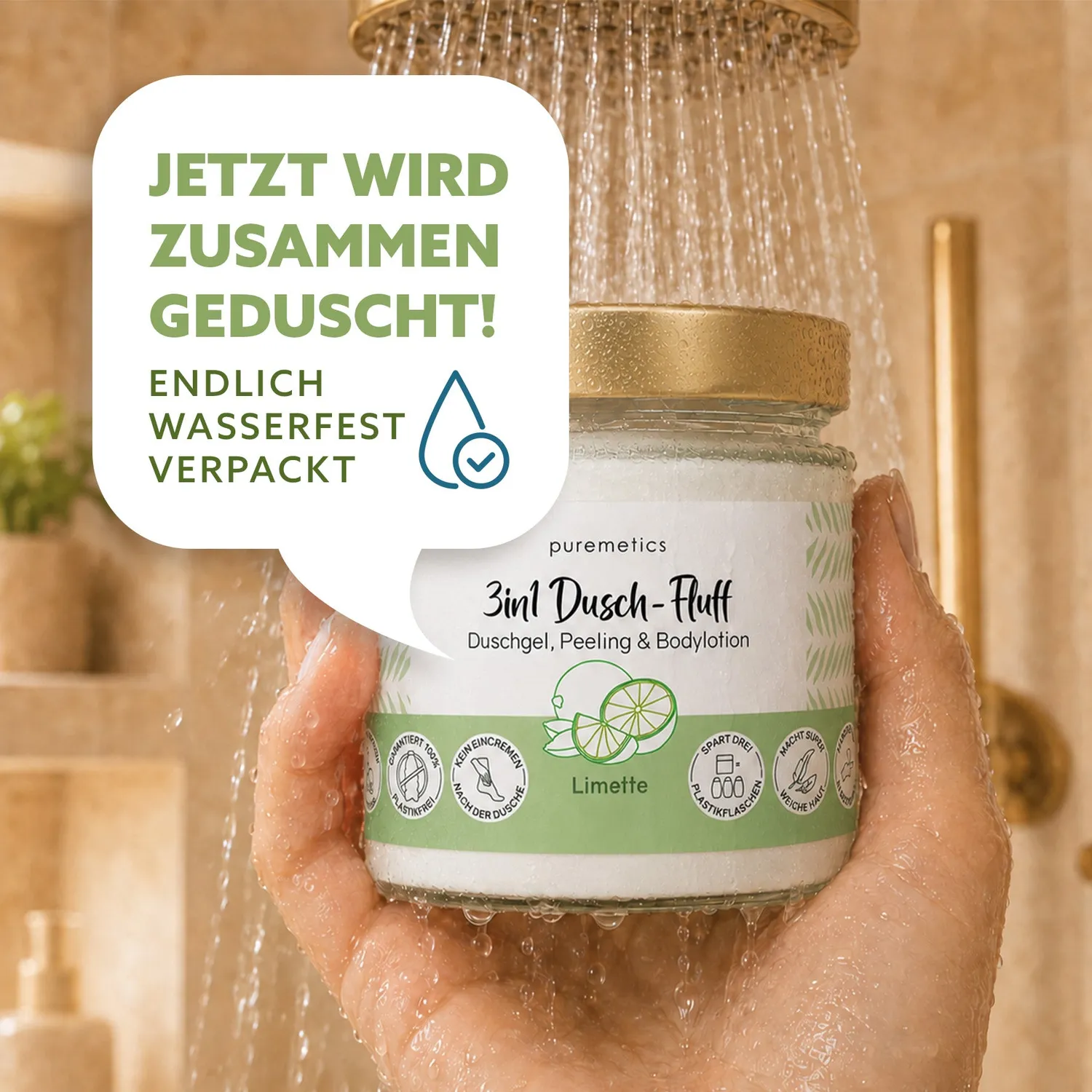 puremetics 3in1 Dusch-Fluff Limette i glas frisk duft