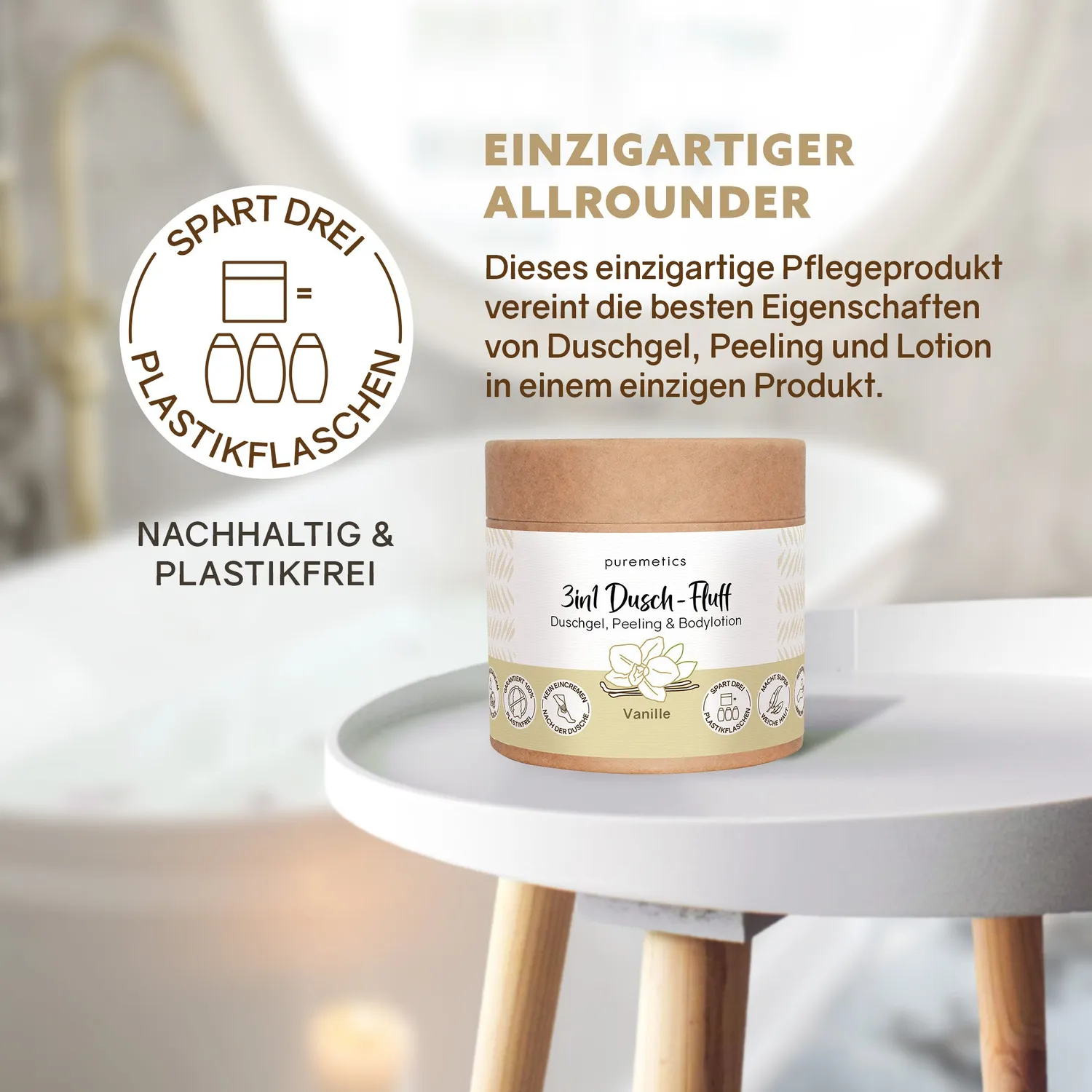 puremetics 3in1 Vanille brusefluff sukkerpeeling