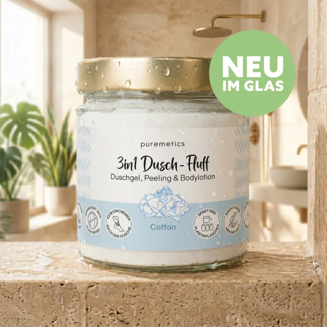 puremetics 3in1 Dusch-Fluff brusesæbe cotton glas frisk