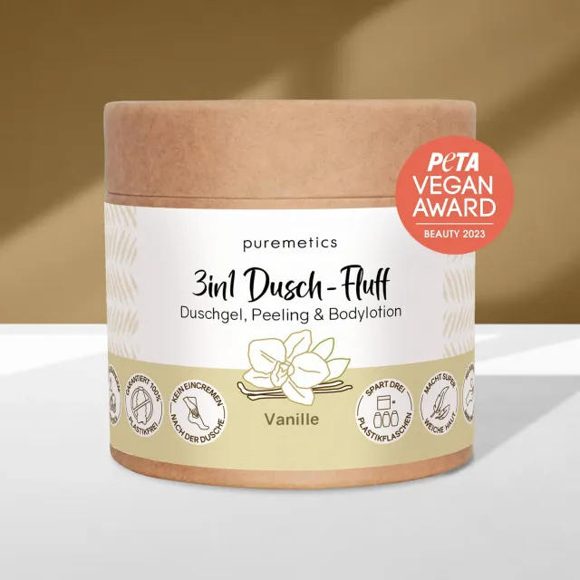 puremetics 3in1 Vanille brusefluff sukkerpeeling