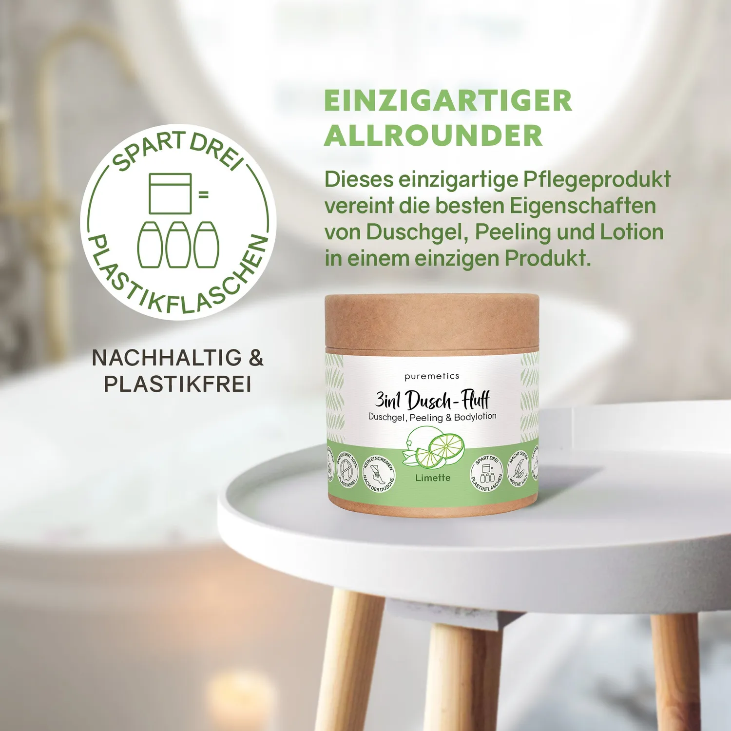puremetics 3in1 Limette brusefluff sukkerpeeling
