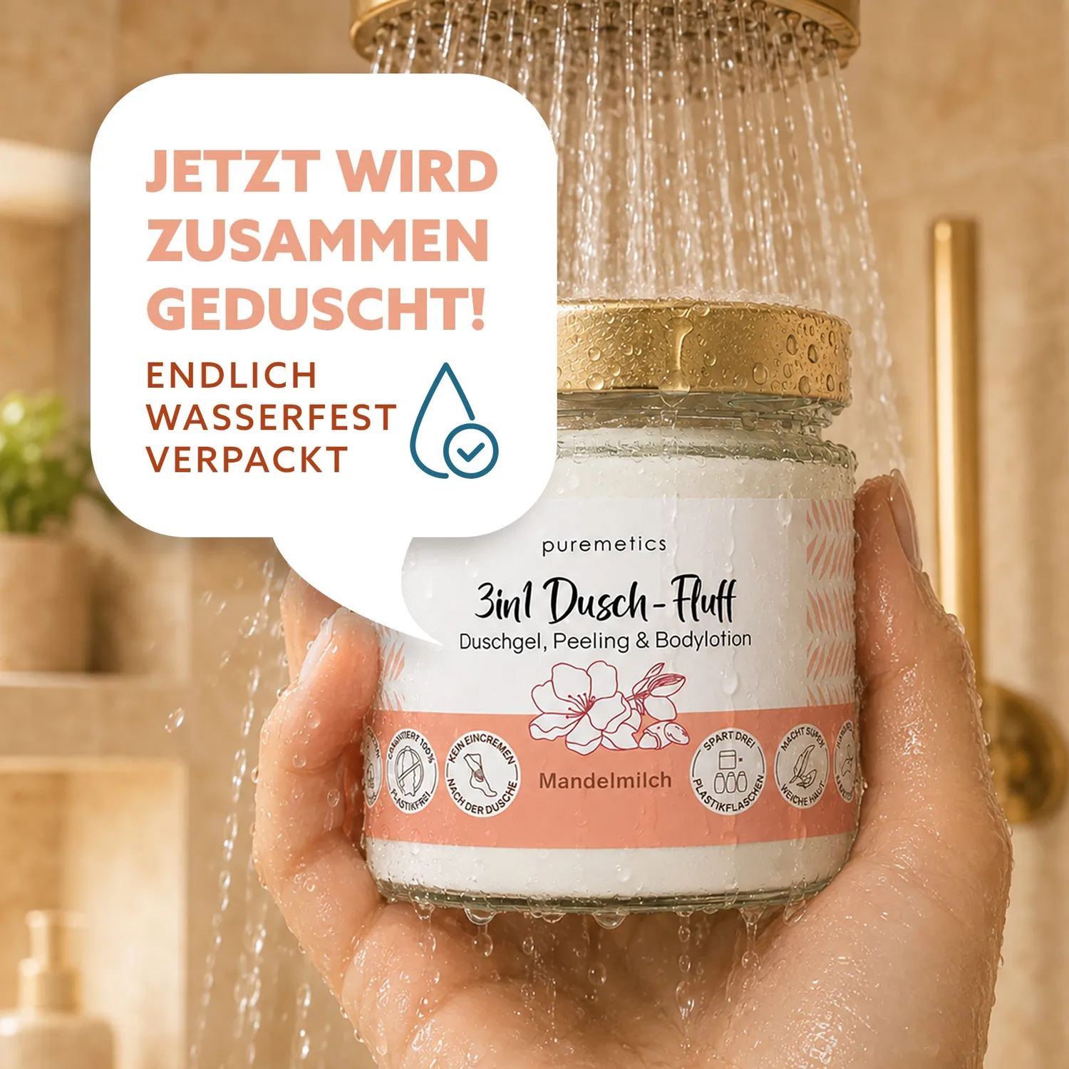 puremetics 3in1 Mandelmilch brusefluff i glas mandelduft