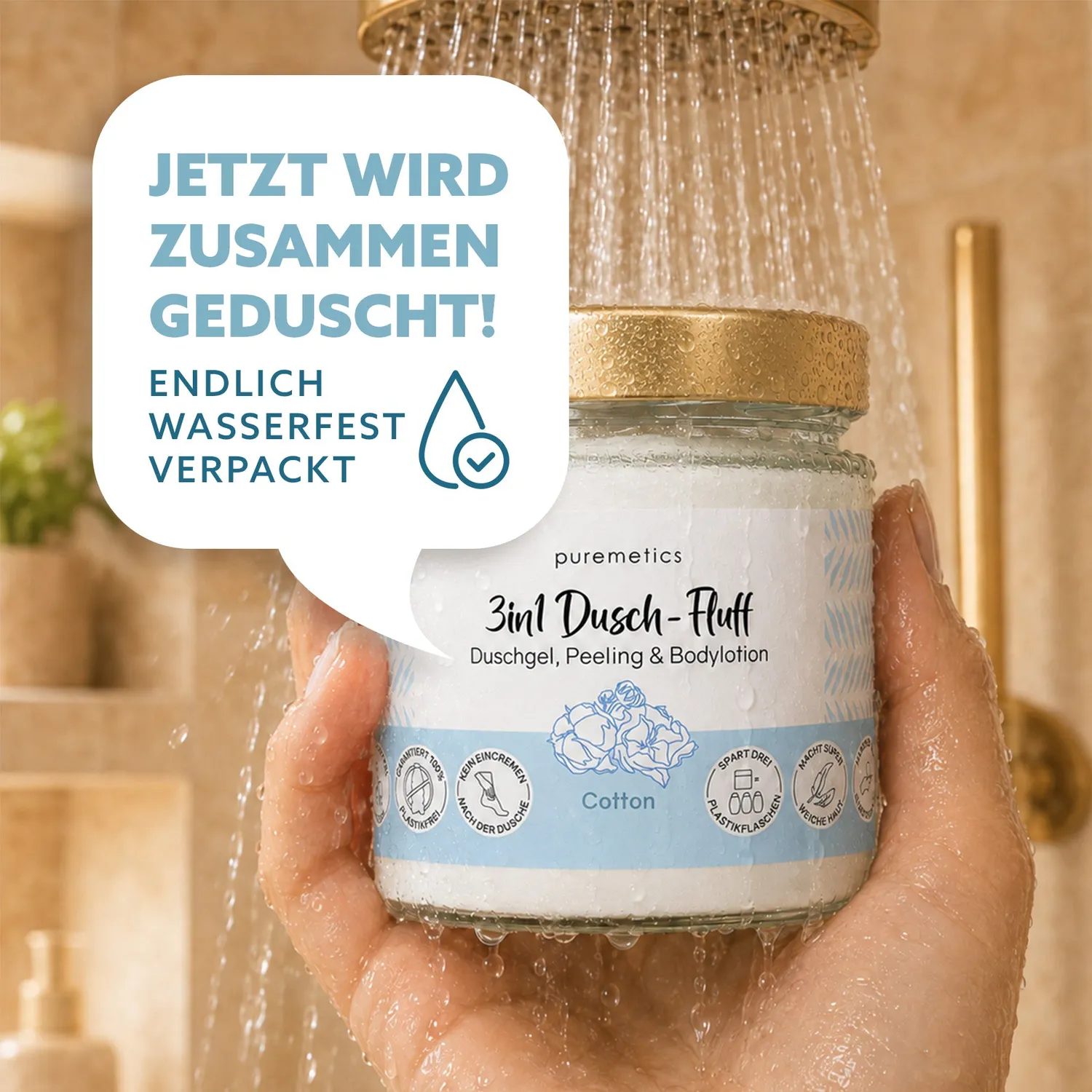 puremetics 3in1 Dusch-Fluff brusesæbe cotton glas frisk