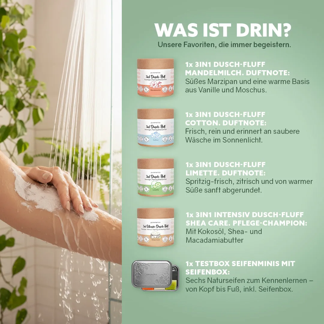 puremetics 3in1 Dusch-Fluff startsæt bestseller 4 stk